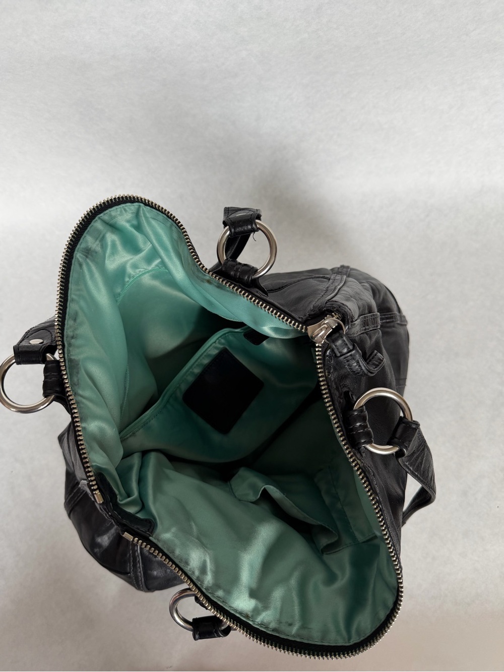 Coach Poppy Black Distressed Leather Glam Tote Shoulder Bag Turquoise Lining - Picture 5 of 9